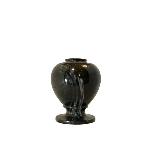Beautiful hand etched black marble with a few wisps of gray variegation, vase. Featuring a large peony flower and two...