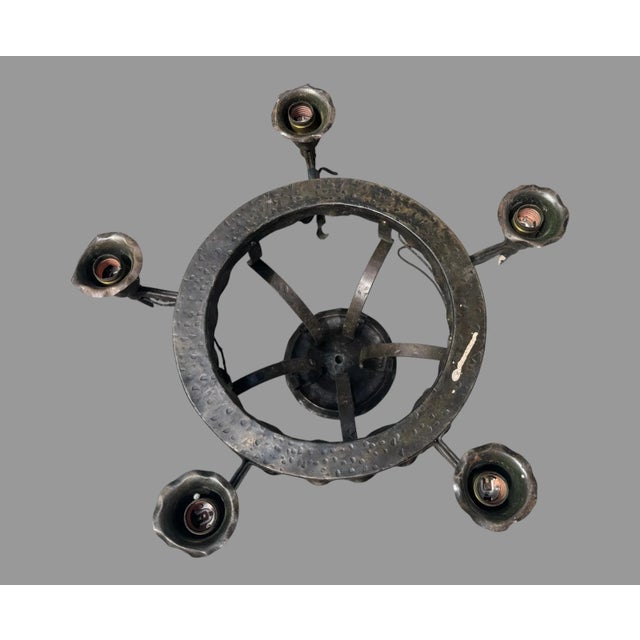 Vintage Cast Metal Arts & Crafts Style Round Hanging Chandelier Light Fixture For Sale - Image 4 of 9