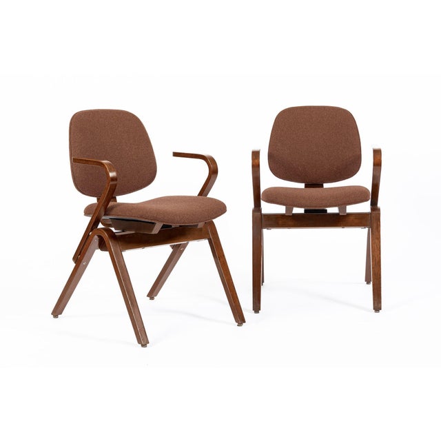 Mid-Century Modern Pair Mid Century Brown Plywood Arm Chairs by Joe Atkinson for Thonet For Sale - Image 3 of 12
