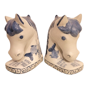 Large Blue and White Ceramic Chinoiserie Horse Head Book Ends- A Pair