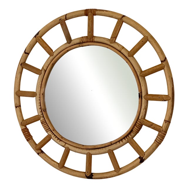 Round Bamboo Mirror, 1970s For Sale