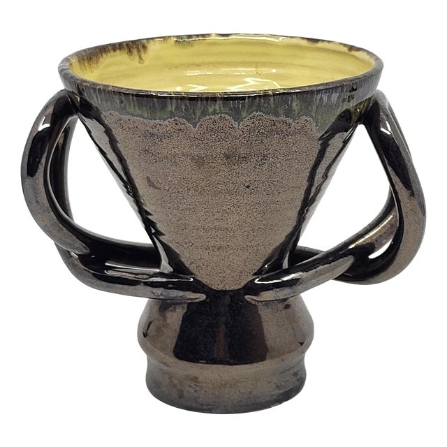 Vintage Vase with Handles in Metallic Black Ceramic from Jean Austruy, France, 1950s For Sale