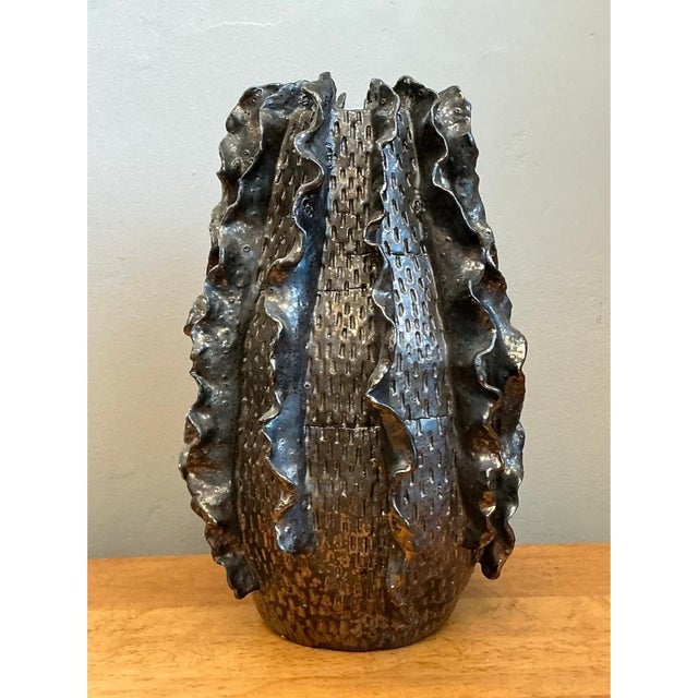 Vintage Silver Ruffle Studio Pottery Vase For Sale - Image 10 of 13