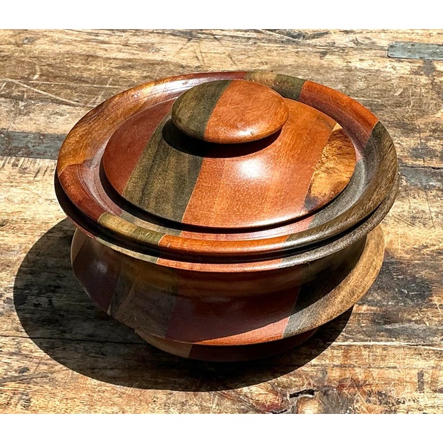 Brown Vintage Inlay Wood Round Lidded Box For Sale - Image 8 of 12