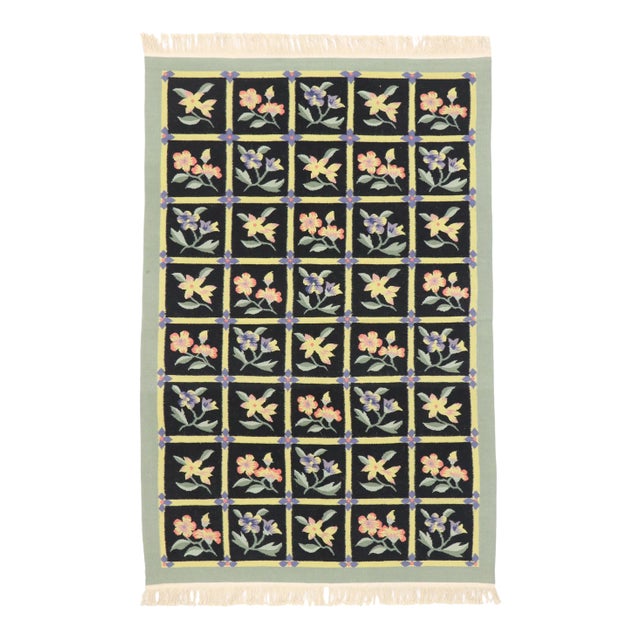 Vintage Chinese Garden Kilim Rug - 04'02 X 06'03 For Sale