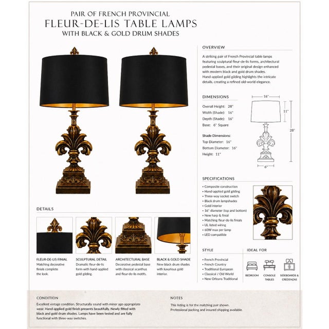 PAIR OF HOLLYWOOD REGENCY GILDED FLEUR-DE-LIS TABLE LAMPS WITH BLACK & GOLD DRUM SHADES A dramatic and highly decorative...