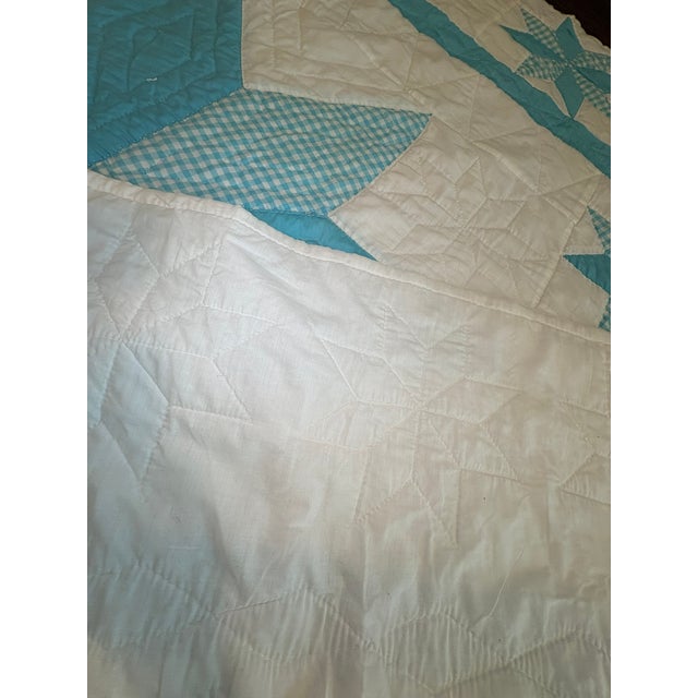 Vintage Handmade Quilted Turquoise and White Lone Star Quilt For Sale - Image 10 of 15