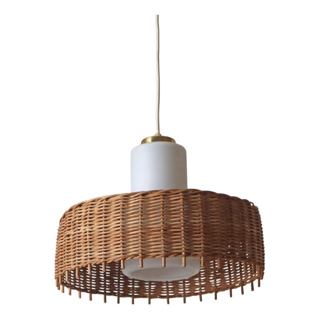 Pedant Lamp in Opal Glass with Braided Rattan from Doria, Germany, 1960s For Sale