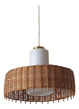 Pedant Lamp in Opal Glass with Braided Rattan from Doria, Germany, 1960s