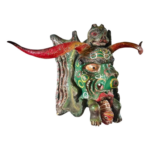 Mexican Folk Art Horned Mask Wall Decor Circa 1900s For Sale