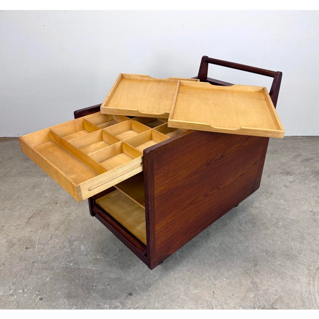 Wood Mid Century Danish Modern Teak Tambour Door Craft / Sewing / Art / Bar Cart For Sale - Image 7 of 12