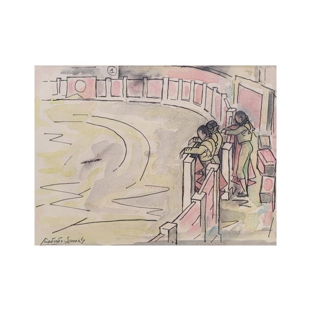 Watercolor "Bullring" by Félix Cuadrado Lomas, 20th Century - Simancas Group An exquisite watercolor by Félix Cuadrado...