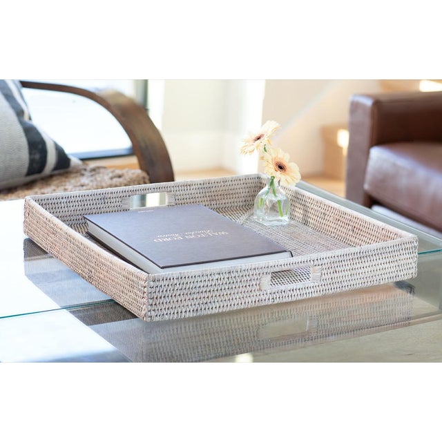White Artifacts Rattan Square Ottoman Tray with Cutout Handles in White Wash - 20" For Sale - Image 8 of 9