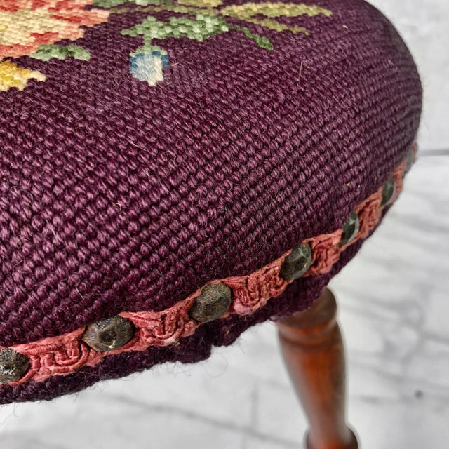Antique Farmhouse Country Floral Needlepoint Maple Milking Footstool For Sale - Image 4 of 11