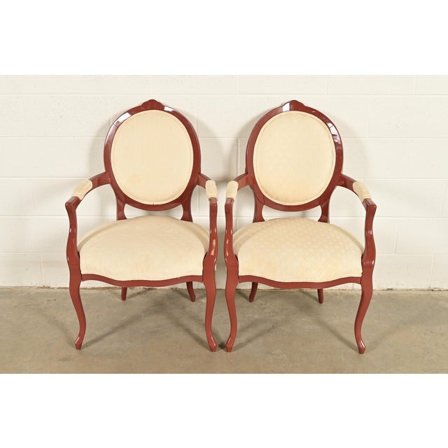 A gorgeous pair of French Provincial Louis XV style armchairs or dining captain chairs In the manner of Karges Furniture...