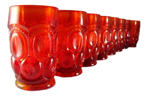 Mid Century Vintage L E Smith Moon & Stars Amberina Ruby Red Citrine Glass Tumblers - Set of 8