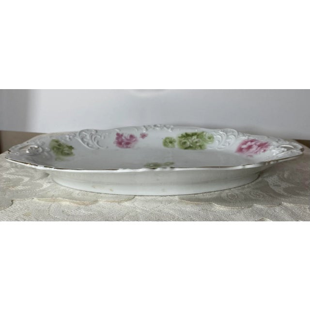 Mid-Century Modern 1930s Hermann Ohme "Élyseé" Oval Platter - Pink & Green Underglaze Roses - Pink & Green Roses on White, Gold Trim For Sale - Image 3 of 9
