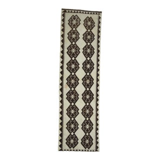 1970s Vintage Handmade Wool Cotton White Brown Runner Rug For Sale