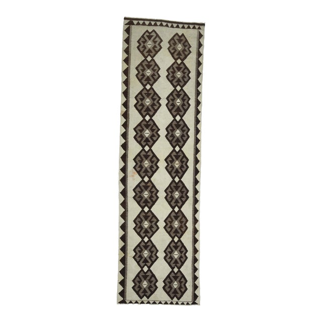 1970s Vintage Handmade Wool Cotton White Brown Runner Rug For Sale