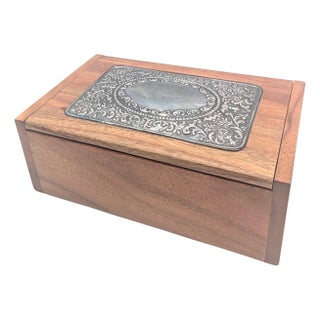 Late 20th Century Handcrafted Wood Jewelry Box With Decorative Sterling Silver Plaque For Sale