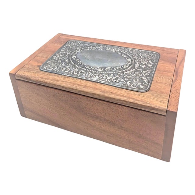 Late 20th Century Handcrafted Wood Jewelry Box With Decorative Sterling Silver Plaque For Sale