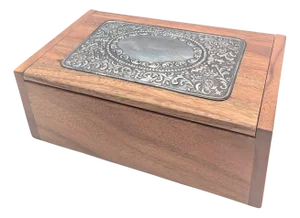 Late 20th Century Handcrafted Wood Jewelry Box With Decorative Sterling Silver Plaque