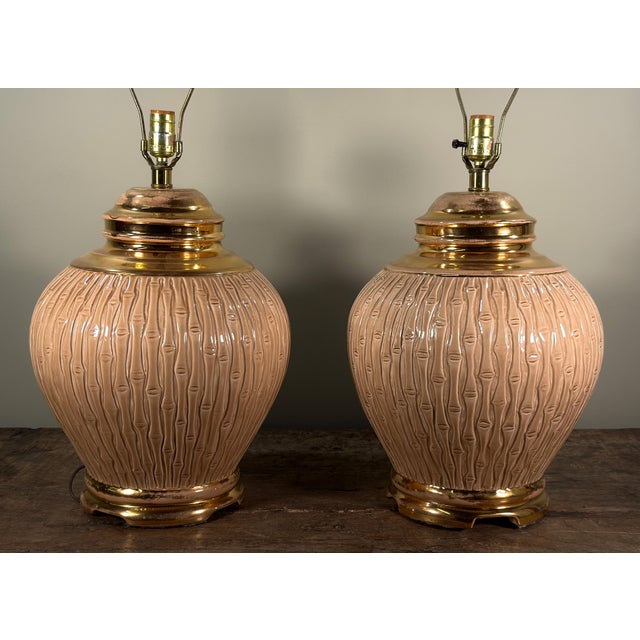 Ceramic Vintage Ceramic Faux Bamboo Table Lamps With Gold Accents - A Pair For Sale - Image 7 of 10