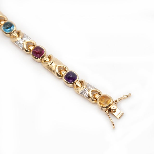 1980s 1980s 14k Yellow Gold Multicolor Gemstone and Diamond Link Bracelet For Sale - Image 5 of 12