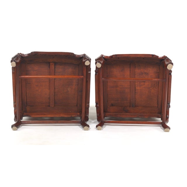 Pair of Mid Century Chinese Asian Rosewood Arm Chairs With Matching Dream Stone (Marble) Inserts, Elaborate Carving, Needlepoint Seat Cushions For Sale - Image 4 of 18