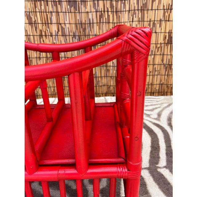 Red Vintage Hollywood Regency Newly Painted Red Bamboo Magazine Rack For Sale - Image 8 of 9