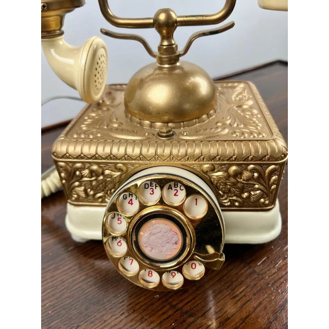 Vintage French Style Brass Rotary Telephone With Ornate Repoussé Cream Enamel Base For Sale - Image 11 of 16