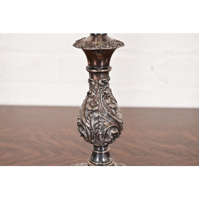 Silver Sheffield Victorian Ornate Silverplate Candlesticks, Pair For Sale - Image 8 of 13