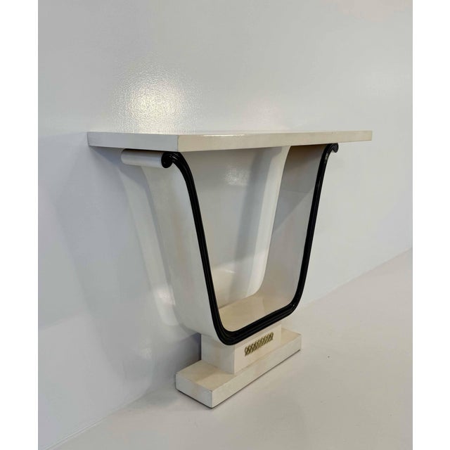 Metal Italian Art Deco Black Parchment and Brass Console in the Style of Osvaldo Borsani, 1940s For Sale - Image 7 of 10