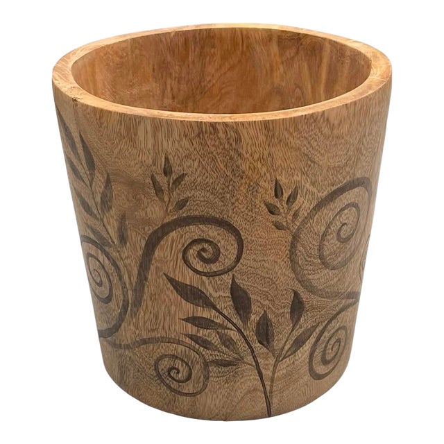 Vintage Mid-Century Hand-Carved Teakwood Cache Pot – Etched Botanical Vine Motif For Sale