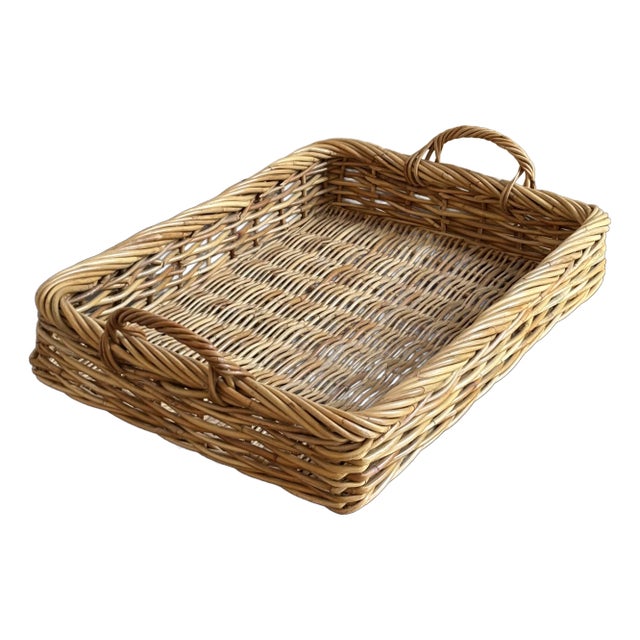 Large French Country-Style Handwoven Wicker Basket Tray For Sale