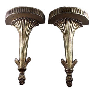 1950s Gold-Leaf Wood Wall Brackets- Set of 2 For Sale