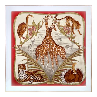 Framed Salvatore Ferragamo Silk Scarf "Giraffes" - Orange Gold Frame For Sale