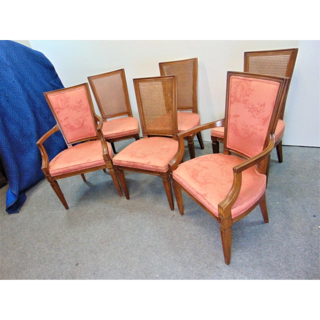 Set of 6 Louis XVI Style dining chairs, solid cherry frames, straight tapered legs, 4 side chairs have cane backs,...