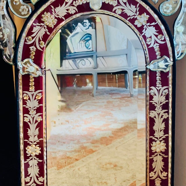 Traditional Small Venetian Red Cut to Clear Glass Mirror With Engraved Designs For Sale - Image 3 of 11