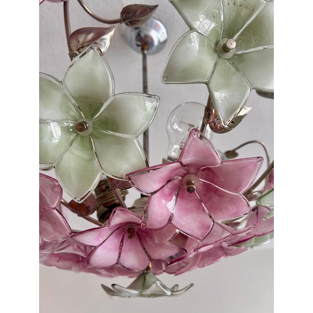 Vintage Italian Murano Style Botanical Flower Ceiling Light, Vintage Handblown Pink Green Glass Bouquet Chandelier, 5-Light Flush Mount For Sale - Image 6 of 17