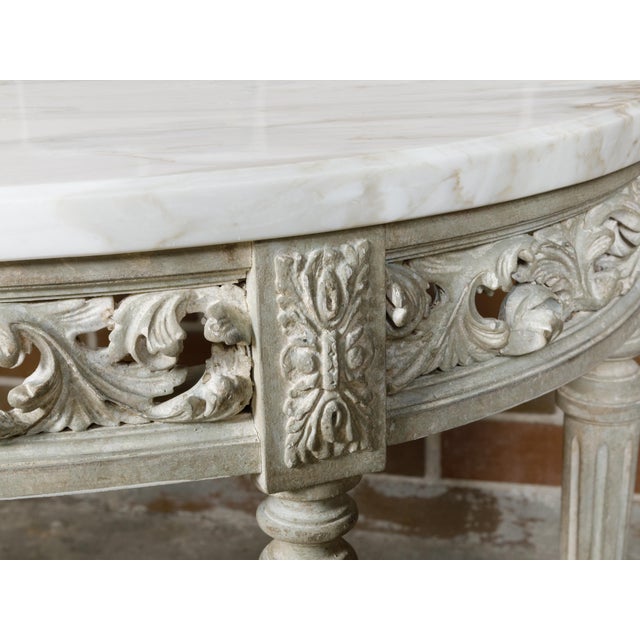 Pair of French Louis XVI Style Painted Demilune Console Tables with Marble Tops For Sale In Atlanta - Image 6 of 12