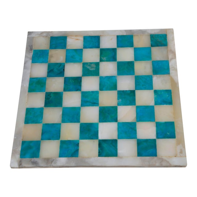 Vintage Large Emerald Green Marble Stone Inlaid Chess Board Alabaster Handcrafted 1950's For Sale