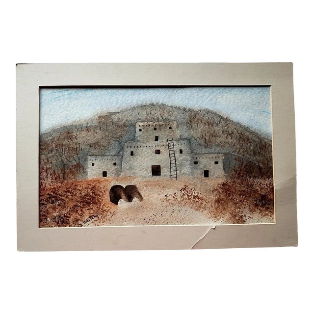 Vintage Southwestern Mesa Verde Cliff Dwellings Watercolor Painting Signed S. Walters For Sale