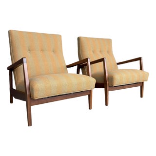Jens Risom Oversized Walnut Lounge Chairs Fully Restored For Sale