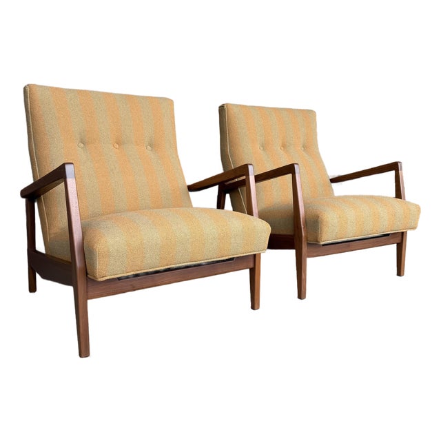 Jens Risom Oversized Walnut Lounge Chairs Fully Restored For Sale