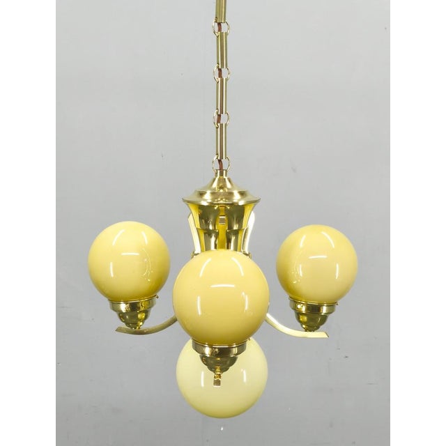 Art Deco Brass and Opaline Glass Chandelier, 1930s For Sale - Image 4 of 14