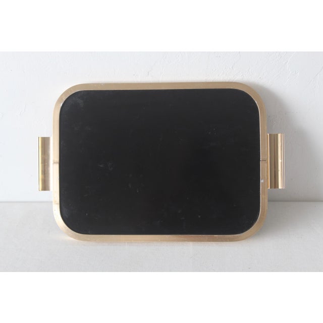 English Vintage Modern English Gold Finish Black Rectangular Built in Handles Serving Tray For Sale - Image 3 of 9