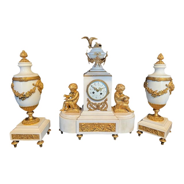 1855 Japy Freres Louis XVI Marble Clock Set - 3 Pc For Sale