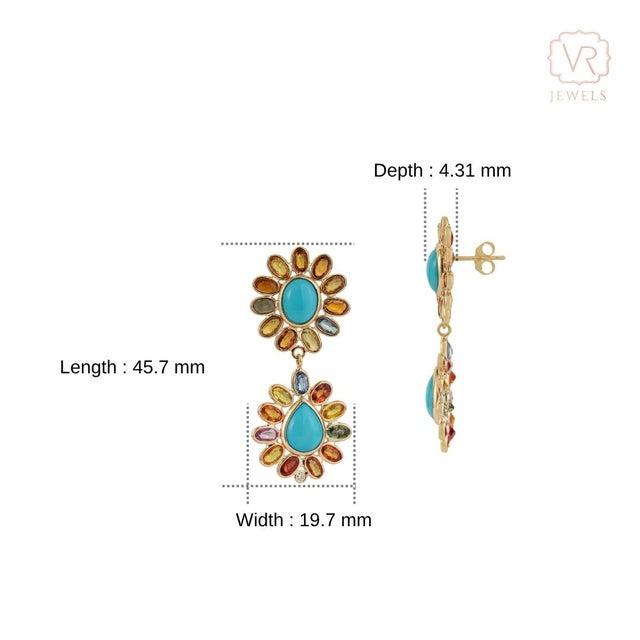 21.07 Carats Turquoise Diamond Floral Drop Earrings With Rainbow Sapphires in 14k Gold- A Pair For Sale - Image 12 of 16