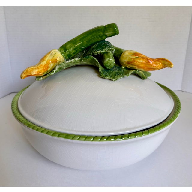 Ceramic Late 20th Century Italian Bassano Del Grappa Covered Vegetable Tureen With Sculptural Zucchini & Squash Blossom For Sale - Image 7 of 14